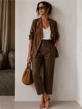 lisbeth Vintage Jacket and Pants Brown Two-Piece Silk Suit Size 10